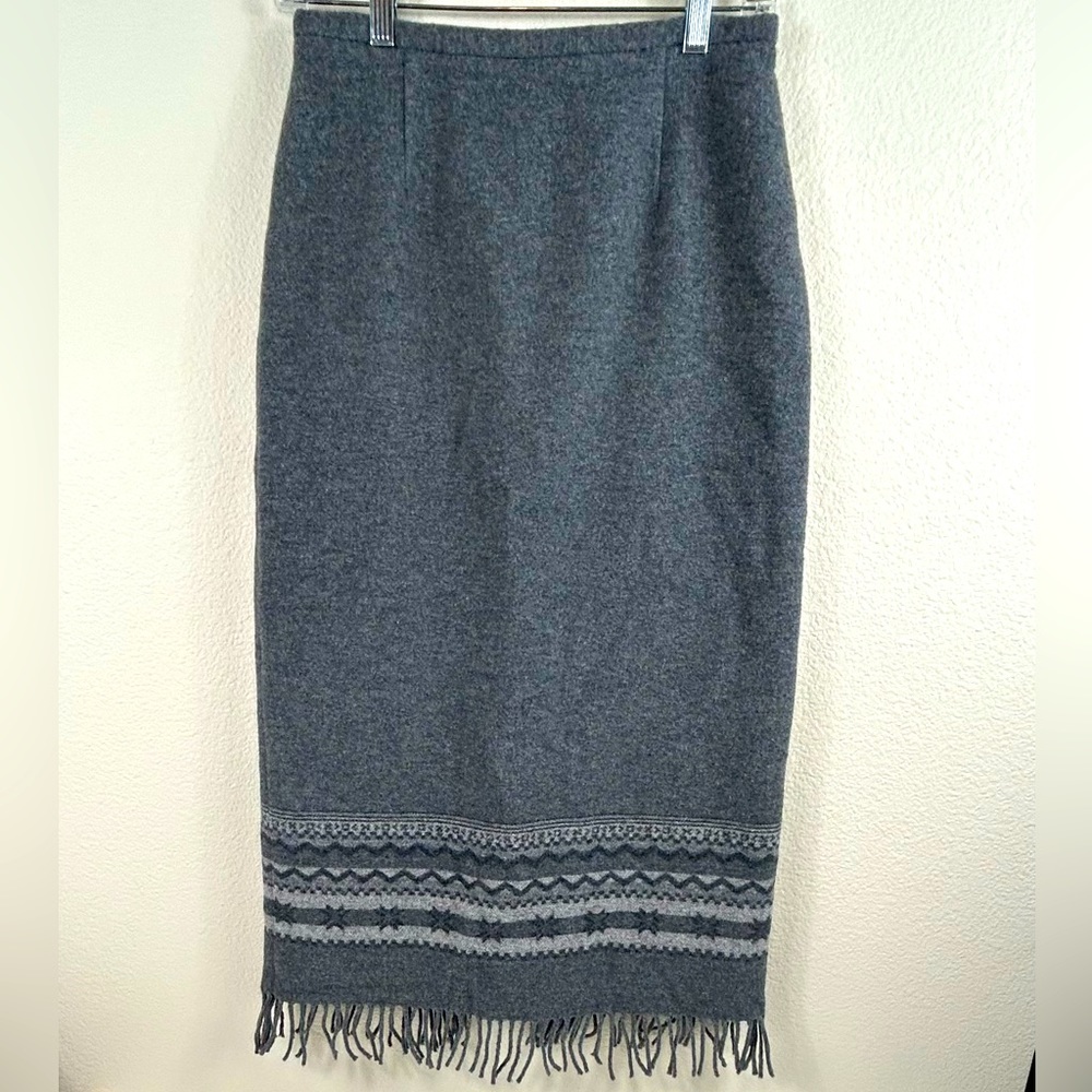 Talbots Vintage Wool Gray Maxi Western Blanket Skirt with Fringe, Size 6P